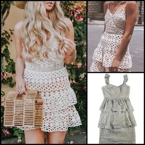 Just Me Crochet Allover Lace Tiered Sleeveless Dress In Light Gray Size L